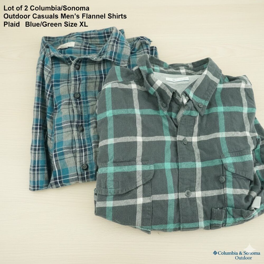 Lot of 2 Columbia/Sonoma Outdoor Casuals Men's Flannel Shirt Plaid Blue Size XL